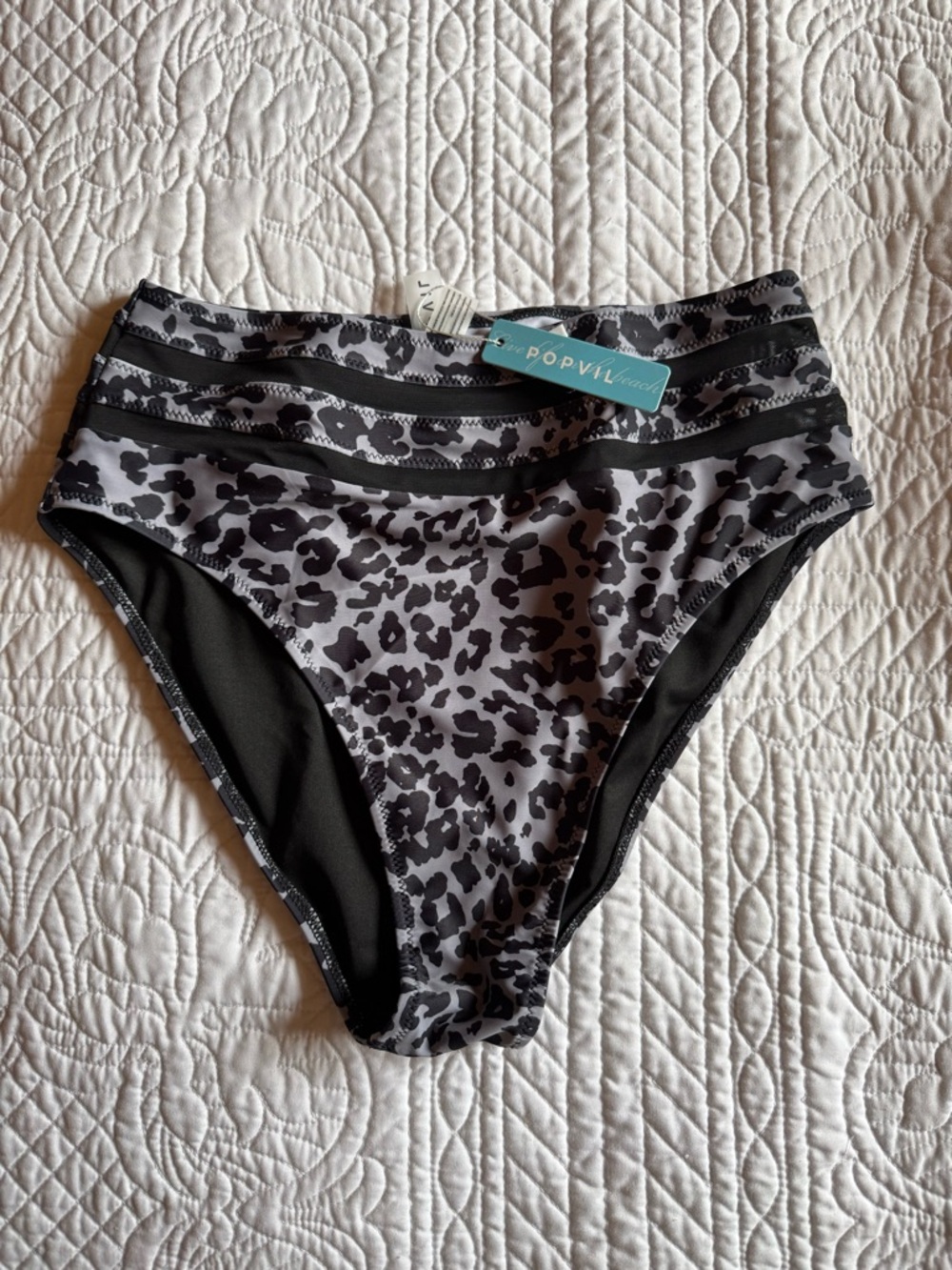 POP VIL Beach High-Waist Leopard Print Bikini Bottom - Black & Gray